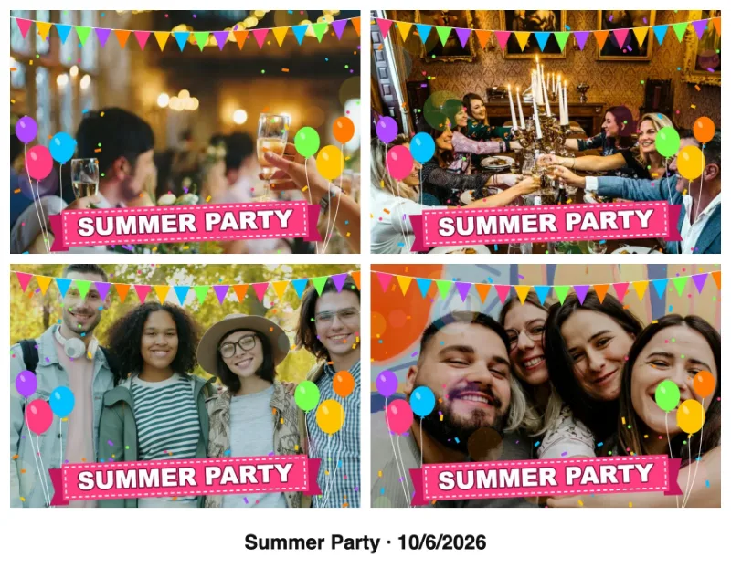 Postcard-size photo booth collage with the Party effect and a caption